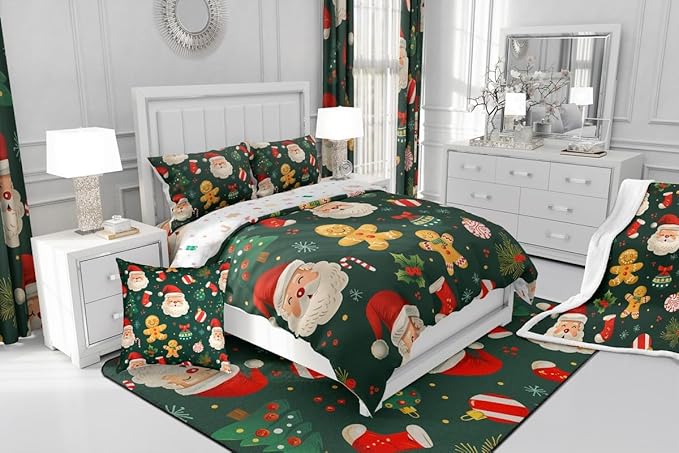 Feelyou Christmas Bedding Set Soft for Boys Girls, Santa Xmas Tree Comforter Set King Size Gingerbread Man Duvet Quilt Microfiber Snowflake Stockings Bedroom Decor 3 Pcs with 2 Pillow Cases