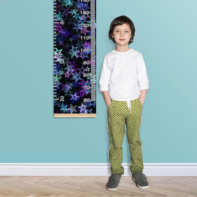 Personalized Kids Name Growth Chart Ruler for Wall Wood Frame Height Measure Chart 13.4x56 in Linen Hanging Height Growth Chart Stars Blue Pink Kids Room Decor