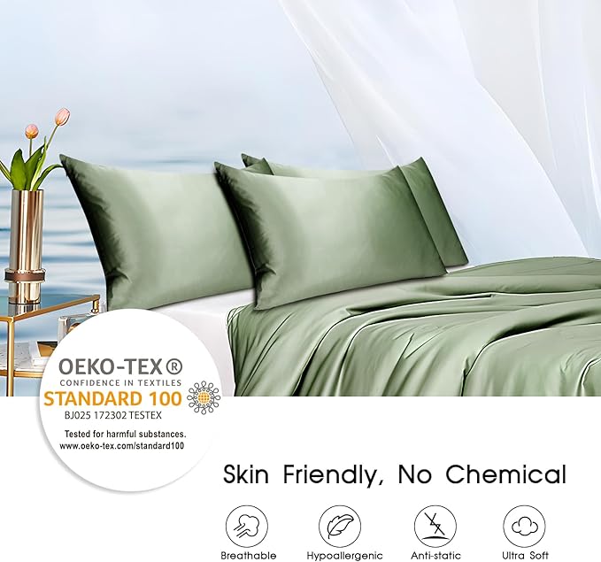 100% Mulberry Silk Zippered Bed Pillowcase for Hair and Skin,Zip Up Real Silk Large Pillow Case,19 Momme Grade 6A,1pc,Sage Green,Super King Size 20x36 Inches