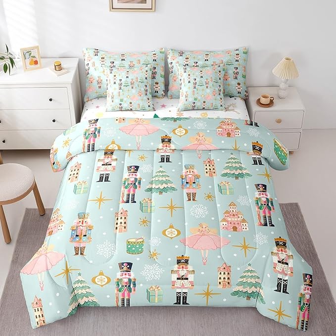 Erosebridal 7Pcs Green Christmas Comforter Set Twin,Xmas Tree Nutcracker Bedding Set,Pink Princess Bed in A Bag for Girls Women,Winter Xmas Holiday Christmas Ornaments Quilt with Flat Fitted Sheet