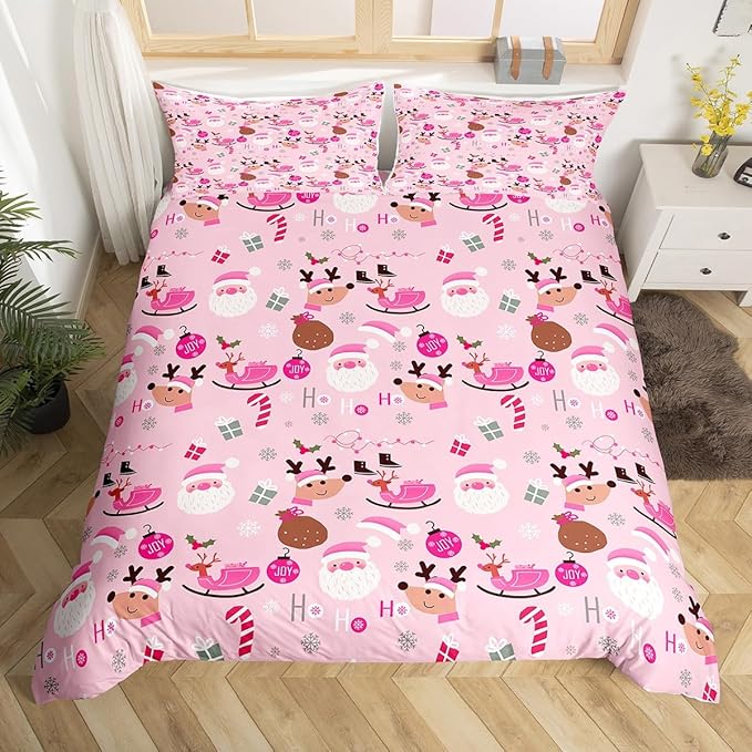 Manfei Christmas Duvet Cover Set Queen Size, Santa Claus and Reindeer Comforter Cover with 2 Pillowcases, New Year Pink Bedding Set 3pcs for Kids Girls Adult Lightweight Bedspread Cover,No Comforter