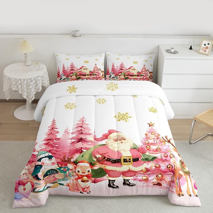 jejeloiu Merry Christmas Comforter Set Full Size Santa Claus Bedding Set for Kids Boys Girls Cute Deer Duvet Quilt White Bedroom Decor