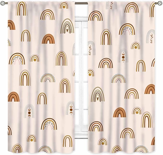 Rainbow Curtains, Boho Pastel Cute Cartoon Aesthetic Art Printed Beige Blackout Decorative Drapery for Kids Girls Baby Bedroom Living Room Classroom Nusery Bathroom Windows 2 Panels, 55"x63" Inch