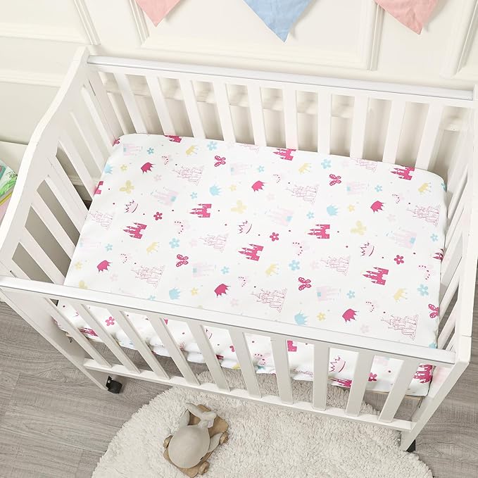 PHF Soft Mini Crib Sheet Set, 2 Pack Silky Comfy Pack N Play Sheets for Boys Girls, Universal Fit for Pack N Play, Playard and Mini Crib Mattresses, Castle
