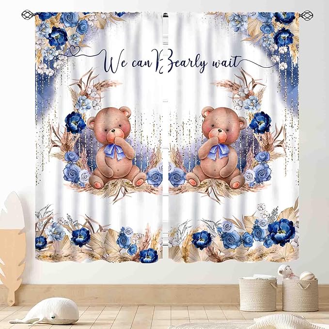 Bear Curtains for Kids Room, Baby Boys Girls Cute Lovely Bear Watercolor Floral Blue Window Drapery Treatments for Living Room Bedroom Nursey Toddler Classroom 2 Panels, 55"x63" Inch