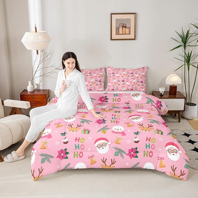 Feelyou Santa Claus Comforter Set Toddler Size Xmas Bedding Set for Kids Boys Girls Christmas Decor Duvet Quilt Happy New Year Bedroom Decor Microfiber 2 Pcs with 1 Pillow Cases