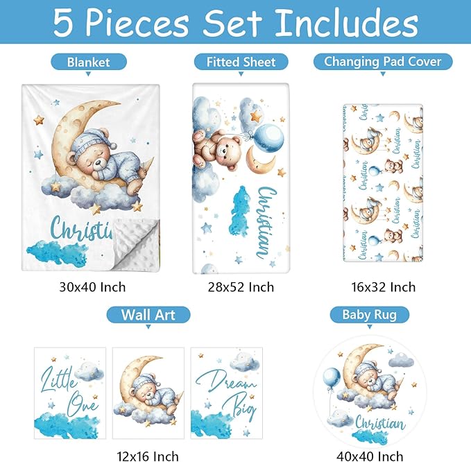 Custom Baby Boy Crib Bedding Set, 5 Pcs Personalized Blue Moon Bear Baby Crib Set with Name, Nursery Girl Bedding, Double Layer Toddler Bedding Set, Newborn Infant New Parents Customized Gifts