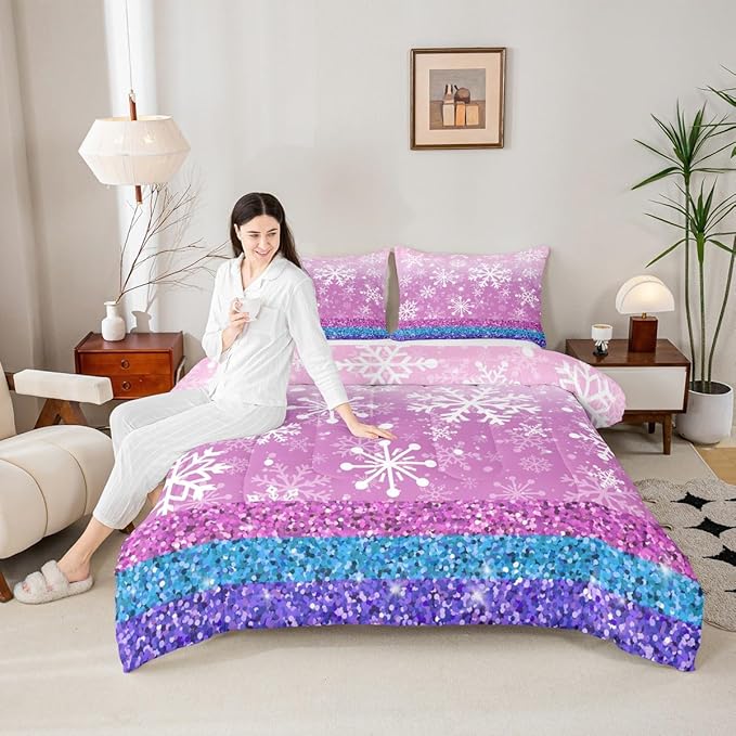 Feelyou Pink Snowflake Comforter Set King Size Winter Snowflake Bedding Set for Kids Boys Girls Christmas Duvet Quilt Glitter Print Bedroom Decor Microfiber 3 Pcs with 2 Pillow Cases
