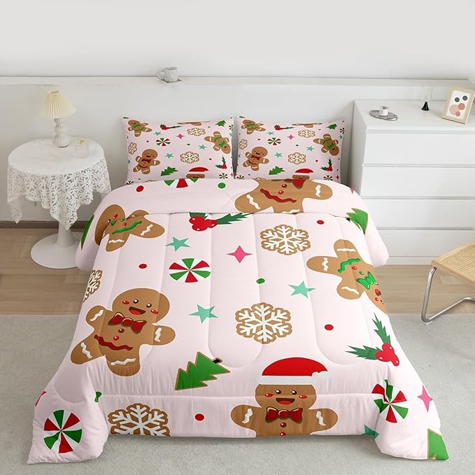 Feelyou Merry Christmas Kids Comforter Set King Size Gingerbread Man Bedding Set Xmas Tree Duvet Quilt for Kids Boys Girls Bedroom Red Berries Snowflake Decor Microfiber Ultra Soft Breathable