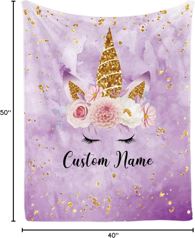 Custom Horse Blanket with Name for Girl, Personalized Name Blanket for Kids, Soft Flannel Purple Toddler Blanket Customized Gift for Birthday Christmas Baby Shower Children Day 40x50in