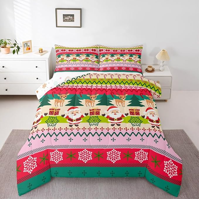 Feelyou Merry Christmas Comforter Set Queen Size Santa Claus Bedding Set for Kids Boys Girls Cute Deer Duvet Quilt Snowflake Bedroom Decor Microfiber 3 Pcs with 2 Pillow Cases