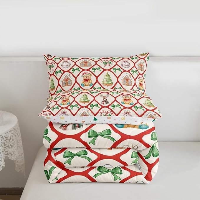 Merry Christmas Kids Bedding Set King Size,Kawaii Bowknot Cartoon Xmas Bear Comforter Set,Pine Tree Geometric Lattice Quilt Comforter,Beige Red Green Bedroom Duvet Insert,2 Pillowcases