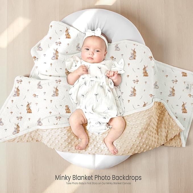 lulumoon Baby Blankets for Newborn Unisex: Thermal Minky Dotted Backing with Bunny Print - Muslin Receiving Blanket for Baby Essential & Registry Gift 30"x40"(Bunny)