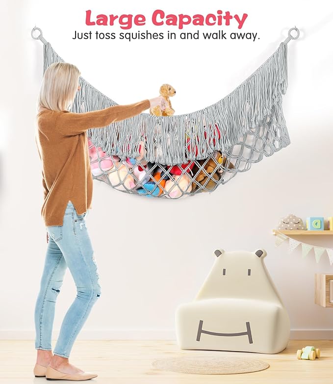 Stuffed Animal Hammock - Extra Large 63'' Long, Stuffed Animal Storage, stuffed animal Holder net, Toy Hammock Large, Toy Storage Hanging Organizer - Light grey
