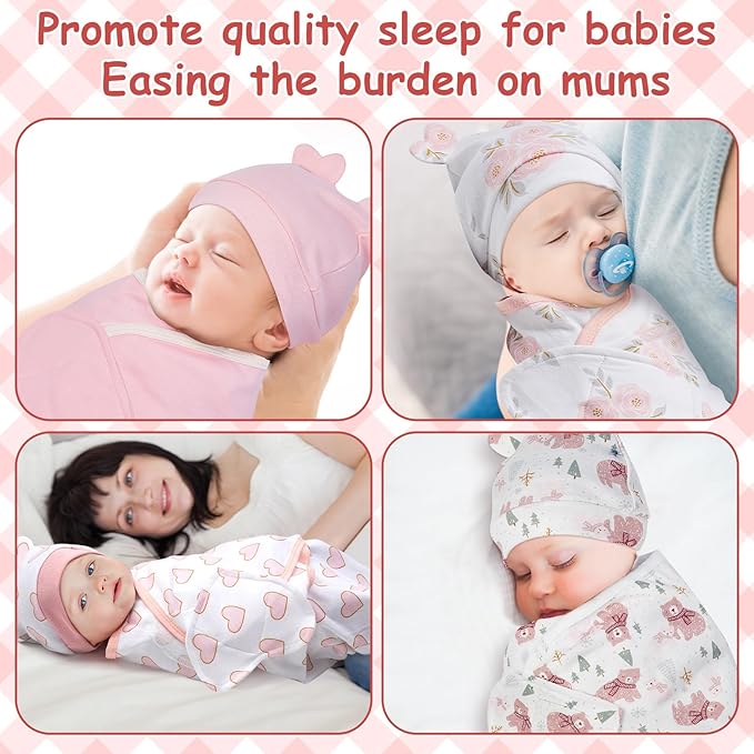 Ramede 6 Pack Preemie Swaddle Blanket with Hats Sleep Swaddle for Baby Boy Girl Preemie Newborn Sacks Soft Cotton Wearable(Heart,Pink)