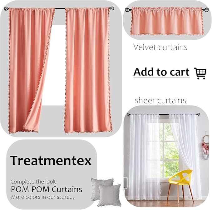 Treatmentex Pompom Sheer Curtains Blush Pink Window Draperies for Bedroom Rod Pocket Curtain Panels for Canopy Nursery Room 52" w x 2pc
