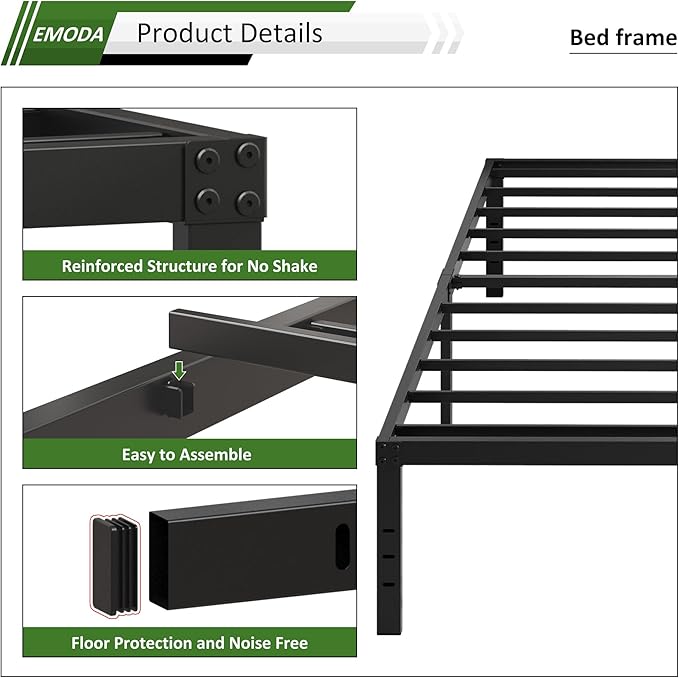 EMODA 18 Inch King Bed Frame No Box Spring Needed, Heavy Duty Tall Metal Platform with Large Storage Space, Noise Free, Easy Assembly, Black