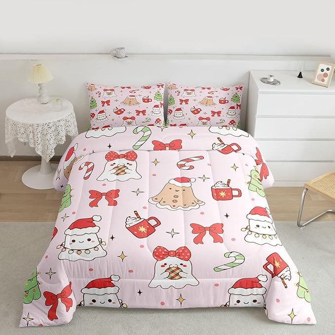 Feelyou Christmas Bedding Set Soft for Boys Girls, Cute Bow Comforter Set Twin Size Cute Ghost Duvet Quilt Microfiber Coquette Bow Knot Bedroom Decor Candy Print 2 Pcs with 1 Pillow Cases