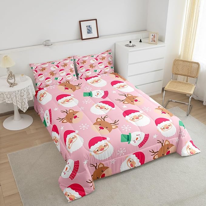 Cartoon Santa Claus Kids Comforter Set King Size,Cute Snowman Deer Xmas Bedding Set,Boys Girls Adults Room Decor,Merry Christmas Snowflake Down Comforter,Pink Romantic Duvet Insert,2 Pillowcases