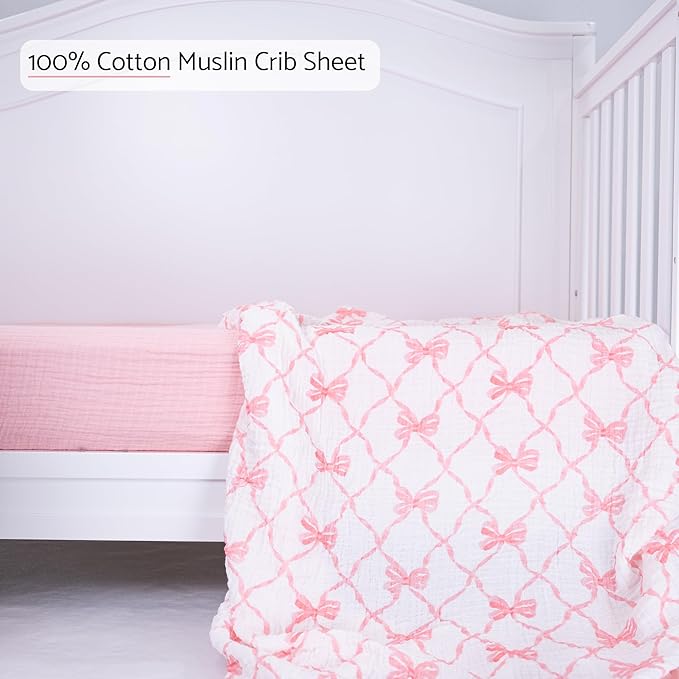 LollyBanks Muslin Crib Sheet 1 Pack, Soft and Breathable 100% Cotton Crib Fitted Sheets for Girls, Cozy and Snug Baby Sheet for Standard 52"x28" Mattress, Baby Bedding Essentials (Pink Bow Print)