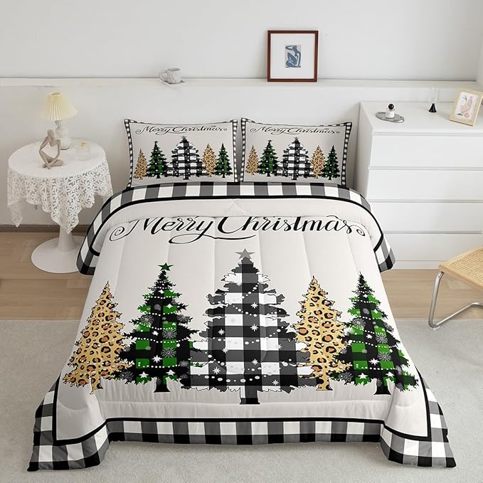 Merry Christmas Kids Comforter Set Full Size,Leopard Plaids Pines Trees Bedding,Girls Boys Adults Bedroom/Xmas Cabin Decor,Geometric Grids Retro Down Comforter,Rustic Duvet Insert,2 Pillowcases