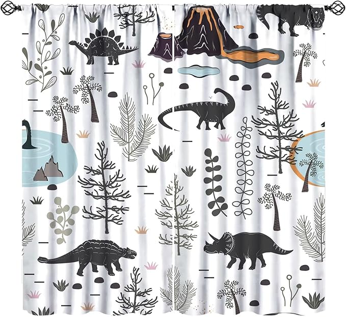 Funny Dinosaur Curtains Cute Dino Cartoon Animals Abstract Aesthetics Art Print for Kids Girls Boys Bedroom Living Room Rod Pocket Decoration Window Drapes 2 Panels W21xL45in