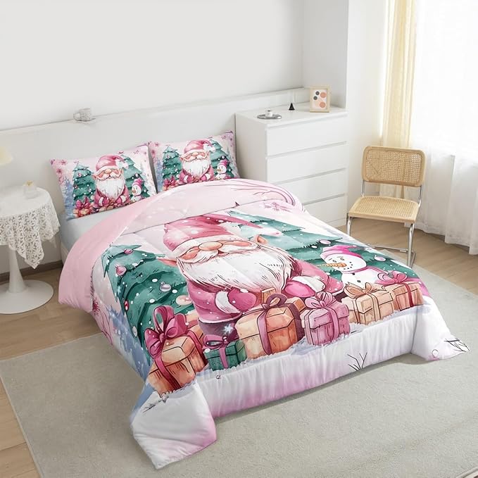 Feelyou Pink Christmas Comforter Set All Season Santa Claus Bedding Set with 1 Pillow Cases Cute Snowflake Kids Twin Bedclothes Merry Christmas Tree and Snowman Decor Duvet Quilt Soft
