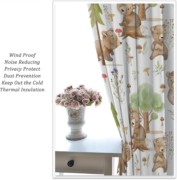 Forest Animal Curtains,Kids Home Bedroom Window Treatments, Cartoon Watercolor Bear Squirrel Woodland Animal Drapes 63x63in