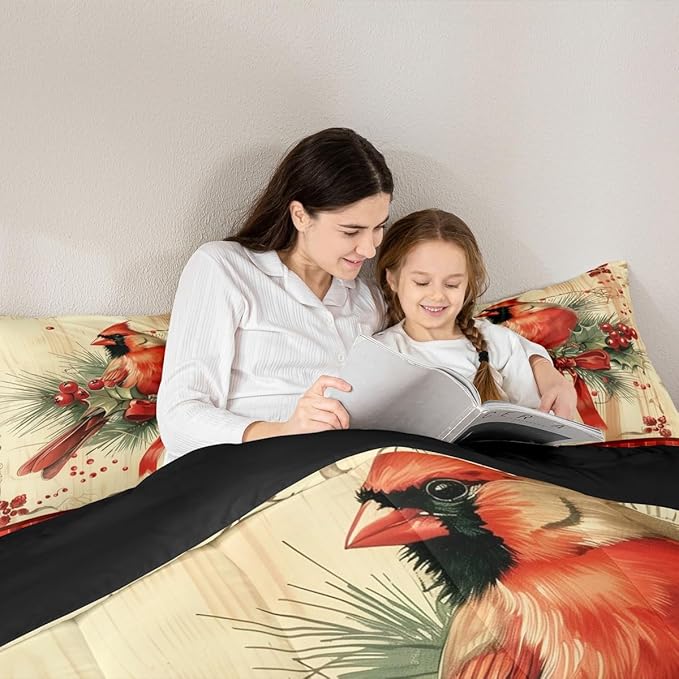 jejeloiu Kids Red Cardinal Comforter Set Full Size Christmas Red Black Plaid Bow Bedding Set for Boys Girls Teens Xmas Birds Animal Winter Wood Plank Duvet Quilt Room Decor