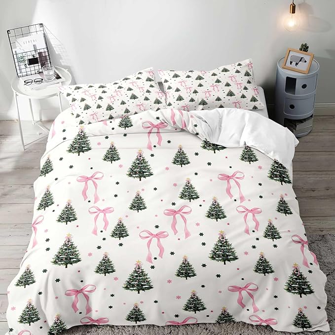 LUVIVIHOME 3PCS Pink Bow Christmas Tree Duvet Cover Full Bedding Set, White Duvet Cover, Teen Girls Bedding, Winter Holiday Christmas Comforter Cover, Coquette Room Decor Aesthetic, 2 Pillow Shams