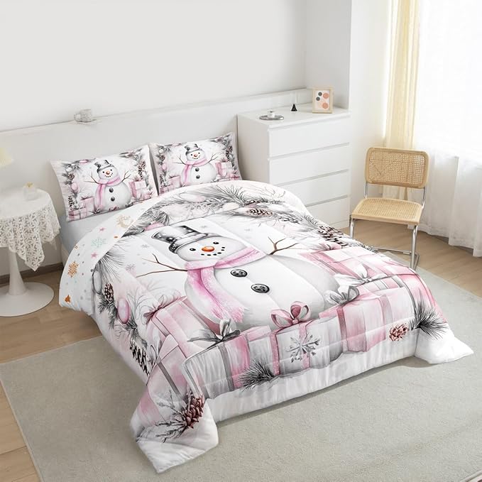 Feelyou Merry Christmas Comforter Set All Season Cute Snowman Bedding Set with 2 Pillow Cases Microfiber Kids King Bedclothes Snowflake Bedroom Decor Duvet Quilt Breathable Soft