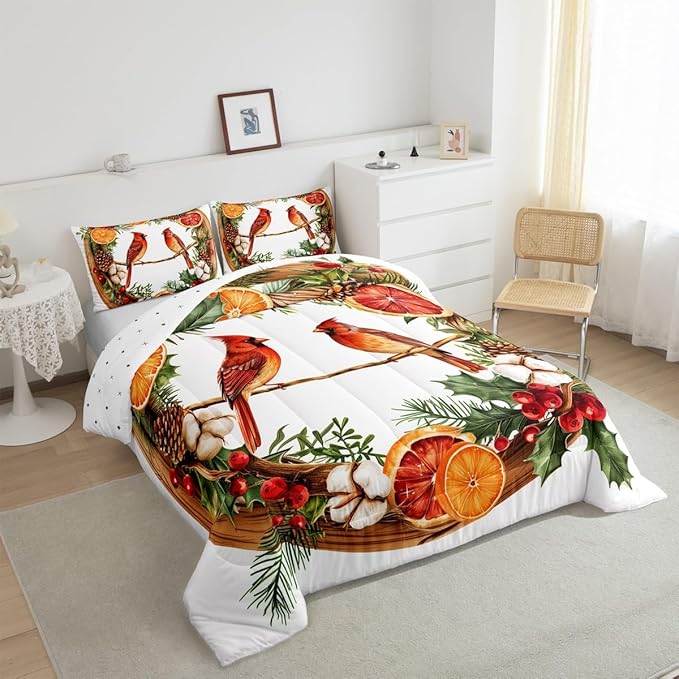 jejeloiu Kids Red Cardinal Comforter Set King Size Christmas Theme Bedding Set for Boys Girls Teens Xmas Birds Animal Lemon Winter Wood Duvet Quilt Room Decor