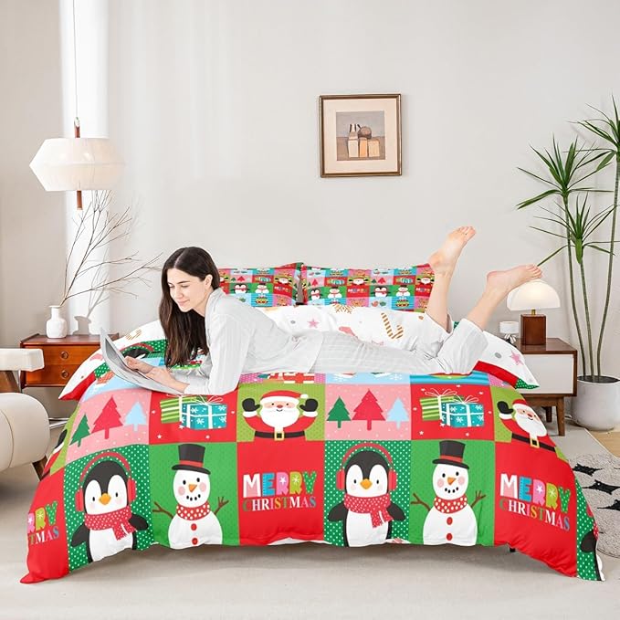 Christmas Bedding Set for Kids Boys Girls Santa Claus Christmas Tree Comforter Cover Set Colorful Geometric Grid Duvet Cover Bedroom Decor Xmas Theme Bedspread Cover Twin Size Bedding Collection 2Pcs