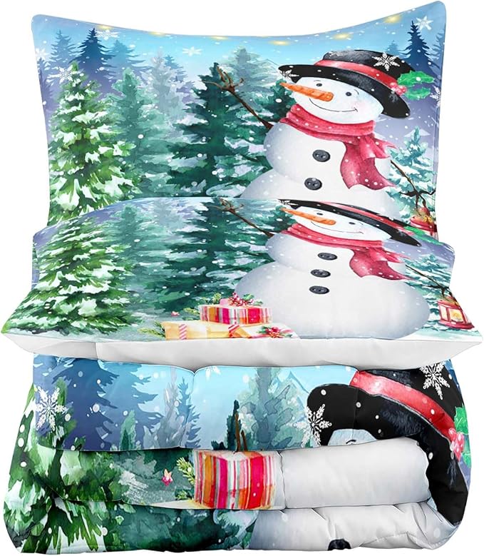 LUVIVIHOME 3PCS Merry Christmas Comforter Set King Size, Cute Funny Snowman Bedding, Winter Snowflake Pine Tree Christmas Bedroom Decor for Kids Boys Girls Teens Toddler, Xmas Gifts, 2 Pillow Shams