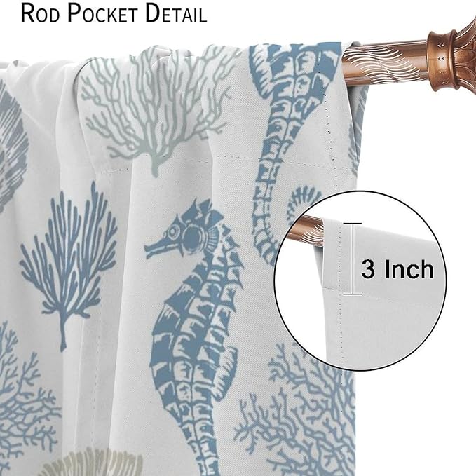 Seahorse Coral Curtains,Starfish Seashell Beach Sea Starfish Seashell Theme Pattern Blackout Print Home Bedroom Living Room Window Treatmen 2 Panel Set 63x63 Inch
