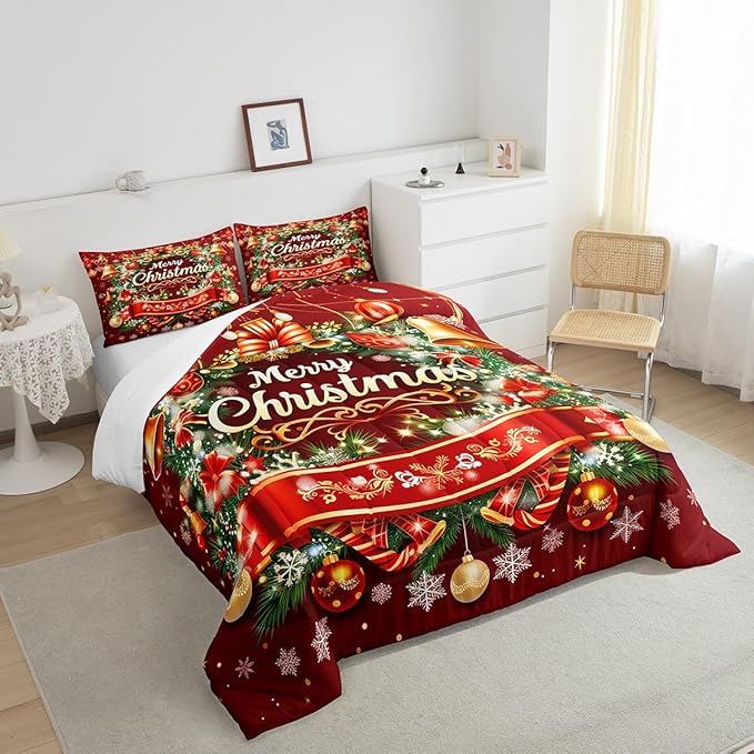 Merry Christmas Comforter Set for Twin Size, Kids Bedding Set with Xmas Wreath & Snowflake Pattern, Glitter Quilt Set of 2, Duvet Insert with 1 Pillowcase
