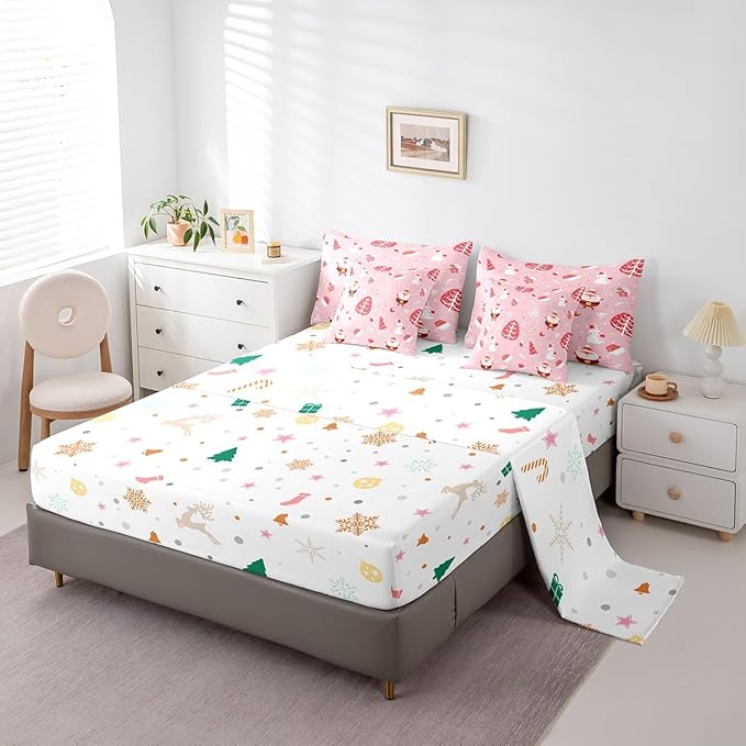 Feelyou Santa Claus Bed in a Bag Cute Rabbit Kawaii Pink Comforter Set with Sheets for Kids Boys Girls Decor Merry Christmas Bed Set Girly Pink Bedding Set Bedroom Collection Queen Size