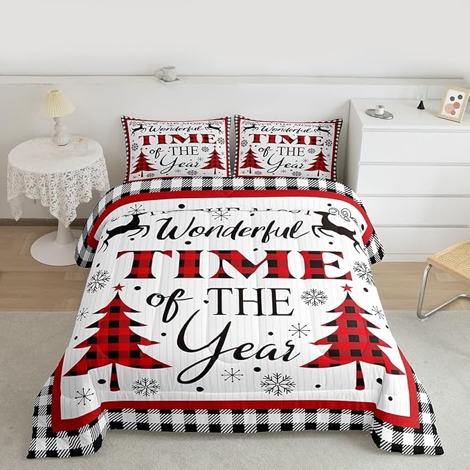Merry Christmas Kids Comforter Set Twin Size,Snowflake Deer Pine Trees Romantic Bedding,Girls Boys Adults Bedroom/Xmas Cabin Decor,Grids Stylish Down Comforter,Rustic Duvet Insert,1 Pillowcase