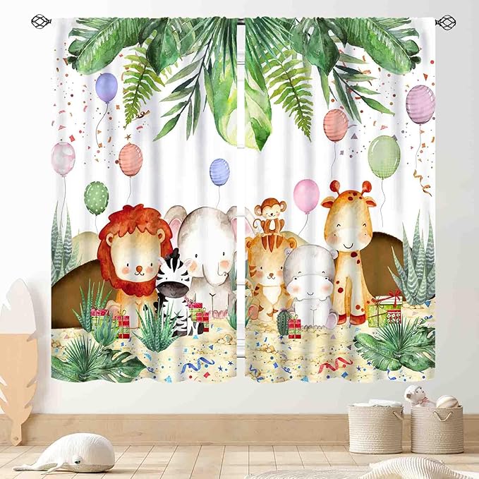 Jungle Safari Animals Curtains, Cartoon Animals Lion Giraffe Elephant Woodland Tropical Leaf Green Window Drapery for Kids Boys Girls Baby Living Room Bedroom Nursery 2 Panels, 55"x63" Inch