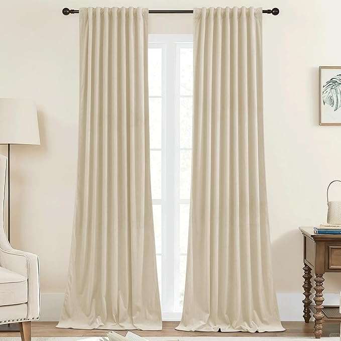 StangH Nursery Curtains Soft Beige Velvet Privacy Drapes Back Tab Light Dimming Heat Resistant Window Treatment for Bedroom Dining Room Closet Office, W42 x L96, 2 Panels