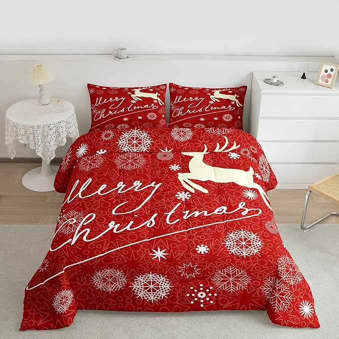 Merry Christmas Kids Comforter Set Twin Size,Deer Animal Silhouette Bedding,Girls Boys Adults Bedroom/Xmas Cabin Decor,Snowflake Dot Graffiti Down Comforter,Red Romantic Duvet Insert,1 Pillowcase