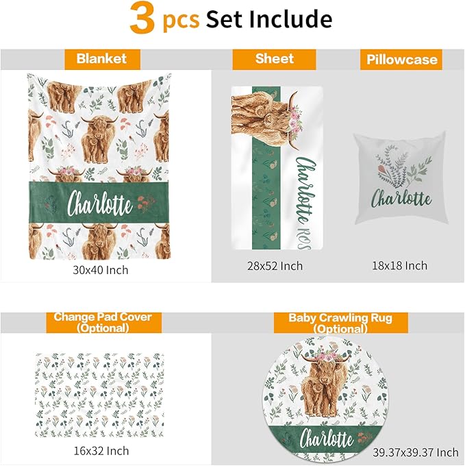 Custom Crib Bedding Set - Highland Cow Design Personalized Name Baby Nursery Bedding 3 Pcs Set - Chic Soft Blanket, Sheet, Pillowcase for Newborns Boys Girls Gifts Color23