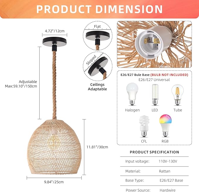 Arturesthome Mini Natural Rattan Pendant Light for Kitchen Island, Woven Lamp Shade Chandelier, Handmade Hanging Ceiling Light Lampshade, Rope Lamp D 9.8inx10.6in