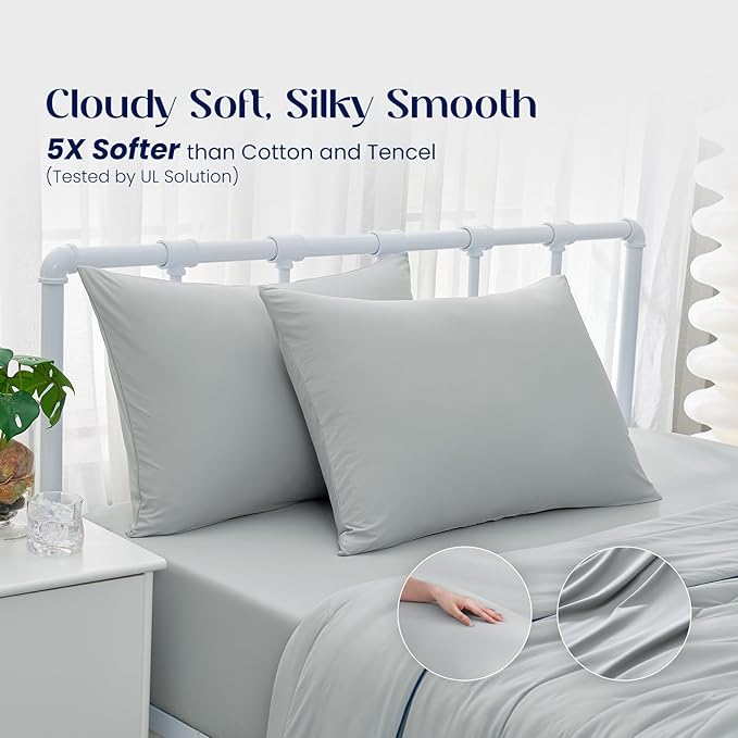Dream Valley® Queen Sheet Set, Cooling Fitted Sheet with 2 Pillowcase-3 PCS with No Flat Sheet,Q-Max > 0.4 Aerocool, Cooling for Night Sweats, Hot Sleepers,deep Pocket up to 15",Cool Grey