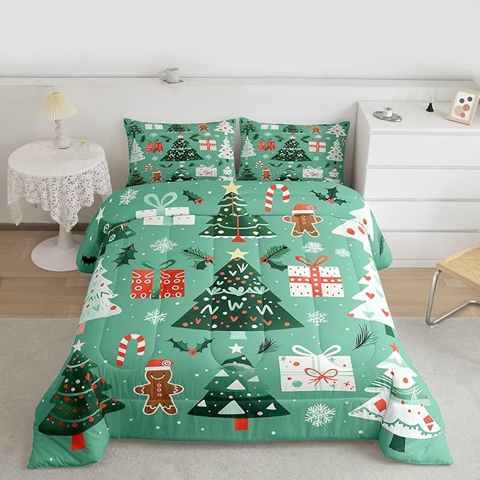 Feelyou Christmas Bedding Set Soft for Boys Girls, Xmas Tree Snowflake Comforter Set Full Size Gingerbread Man Duvet Quilt Microfiber New Year Gift Bedroom Decor 3 Pcs with 2 Pillow Cases