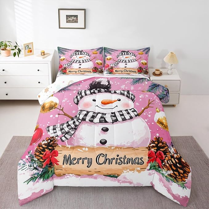 Feelyou Merry Christmas Bedding Set Soft for Boys Girls, Cute Snowman Comforter Set Queen Size Snowflake Duvet Quilt Microfiber Winter Bedroom Decor 3 Pcs with 2 Pillow Cases