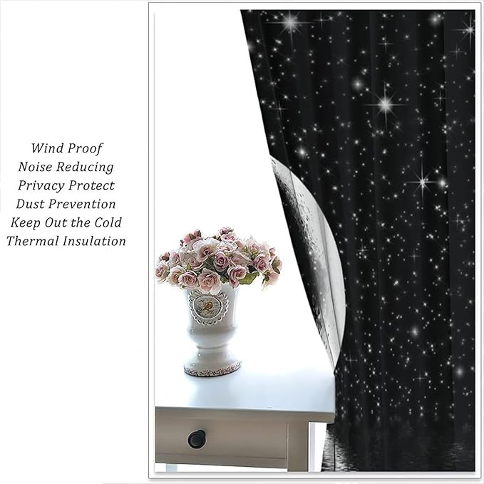 Night Starry Sky Curtain, Black Moon Phase Cloud Stars White New Moon Sparkly Shiny Galaxy Space Lake Fantasy Window Curtains for Kids Boys Girls Room Bedroom Living Room 42" W X 45" L