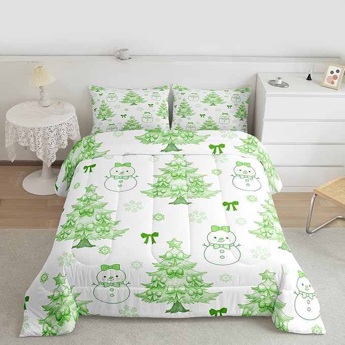 Feelyou Merry Christmas Comforter Set All Season Cute Snowman Bedding Set with 2 Pillow Cases Cartoon Bowknot Microfiber Kids King Bedclothes Christmas Tree Duvet Quilt Breathable Soft Lightweight
