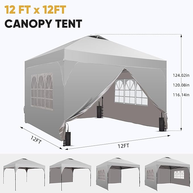 GDY 12x12FT Pop Up Canopy Tent with One Push Setup, Easy to Install with 4-Sidewalls for Events, Parties, Camping, Outdoor Gazebo with 4-Sandbags, White.