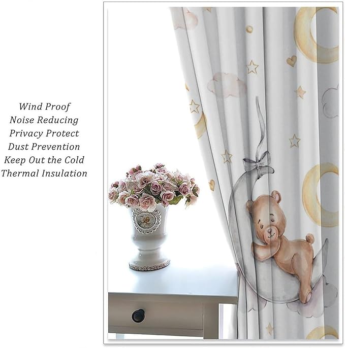 Cartoon Bear Curtains, Cartoon Watercolor Lovely Bear Moon Stars Printed Blackout Window Treatments, Rod Pocket Thermal Insulated Drapes 2 Panel Sets for Kids Bedroom Nursery Classroom, 63"W X 72"L